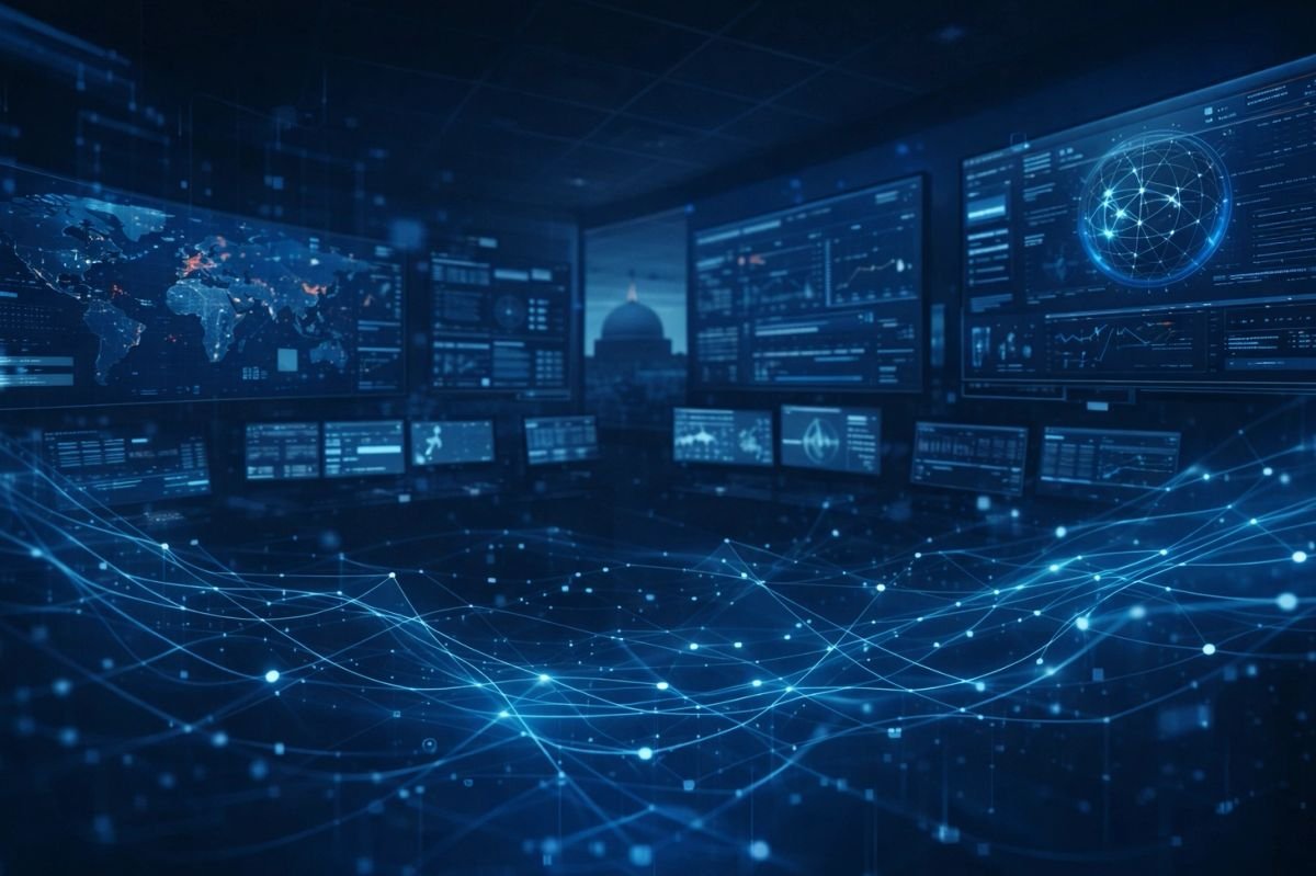 A futuristic digital control room with multiple screens and data streams.